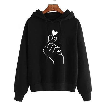 Herbst Fleece Hoodie Einfarbig Finger Herz Mit Kapuze Koreanische Mode Sweatshirts Langarm Top Kordelzug Taschen Lose Hoodies