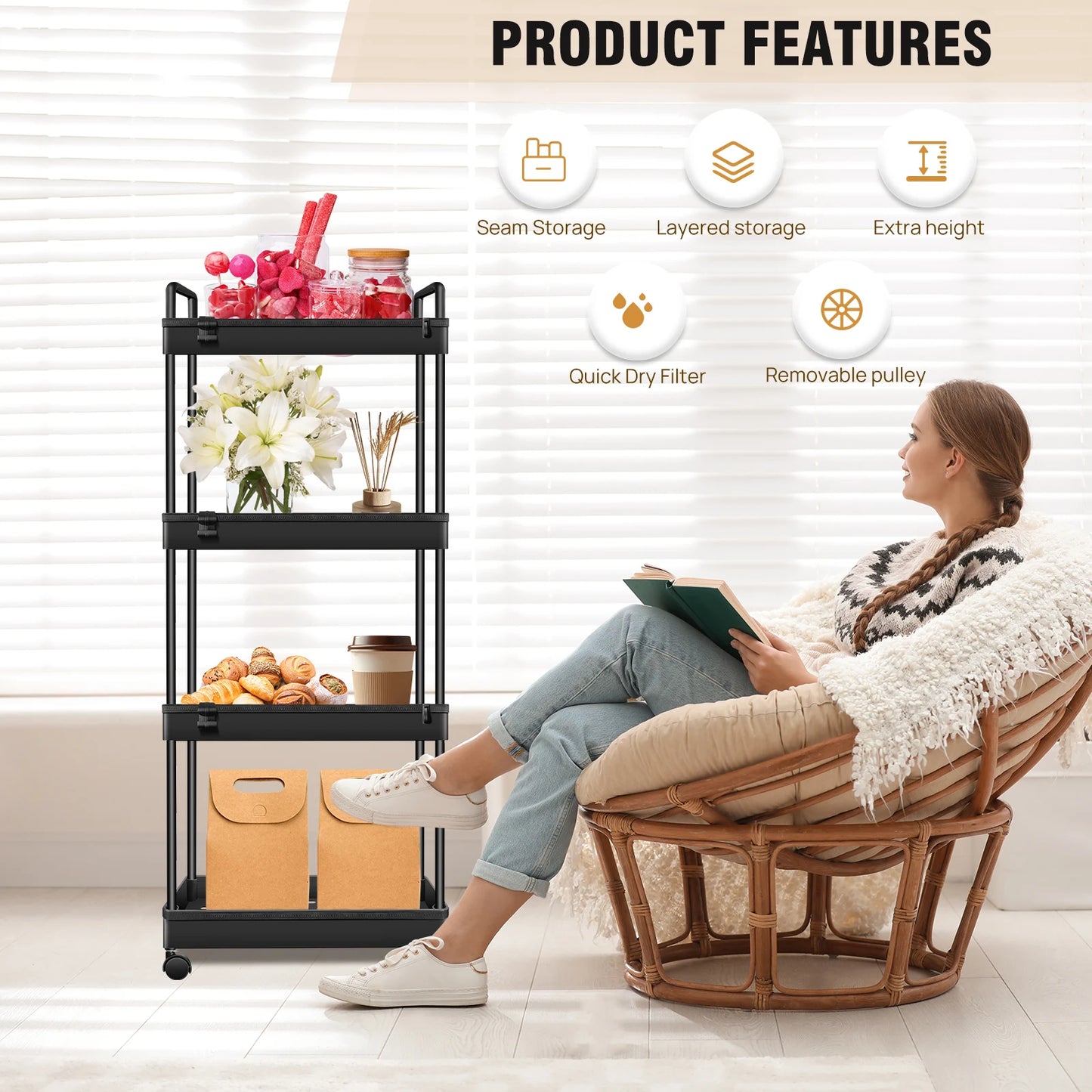 DayPlus 4-stufiger Aufbewahrungswagen, ausziehbarer, schlanker, rollender Mehrzweckwagen, multifunktionaler Badezimmerwagen aus Metall auf Rädern