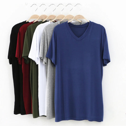 2025 Brand New Men's Modal T-Shirt V-Neck Large Size Men T-Shirt Short Sleeve Loose Man T shirt Solid Color For Male Tops Tees.