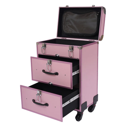 3 in 1 Rolling Makeup Case with Drawer, Large Makeup Case Organizers, Profesional Cosmetic Case for Salon Barber, Light Pink
