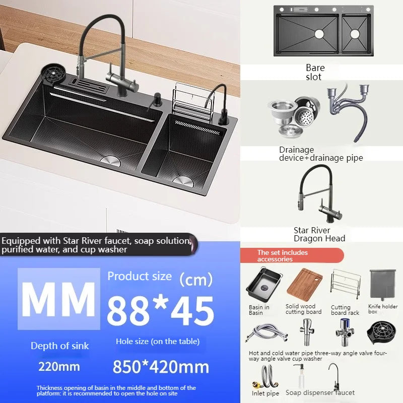 Waterfall Kitchen Sink Stainless Steel Multifunctional Undermount Washbasin Double Slot Dishwashing Sinks