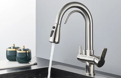 Quyanre Matte Black Filtered Crane For Kitchen Pull Out Spray 360 Rotation Water Filter Tap Three Ways Sink Mixer Kitchen Faucet