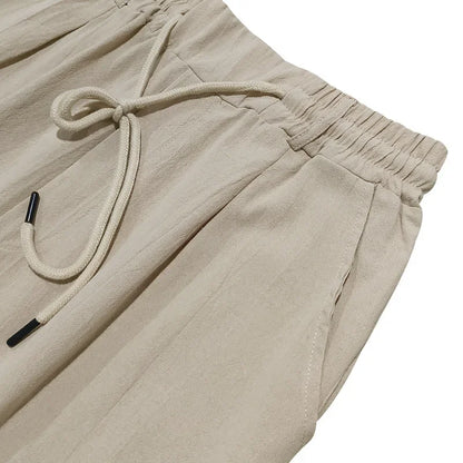 2024 drawstring men's simple fashion solid color casual cotton and linen straight trousers