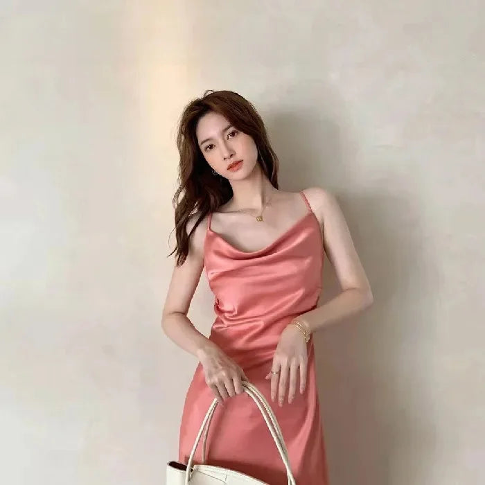 Chiffon-Stoff, Neckholder, mittellanges Kleid für Damen, Sommer, neuer sanfter Stil, schlankmachende Taille, A-Linien-Rock, Polyesterfaser, ärmellos