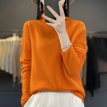 2025 100% Merino Wool Sweater Elegant Cashmere Pullover Women Pile Collar Long Sleeve Knitwear Basic Clothing  Jumper Tops