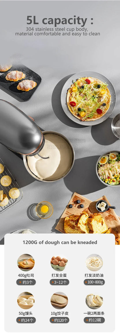 Joyoung 5L Stand Dough Mixer For Kitchen Cream Whisk Cake Dough Blender With Stainless Steel Bowl 6 Gears Chef Machine.