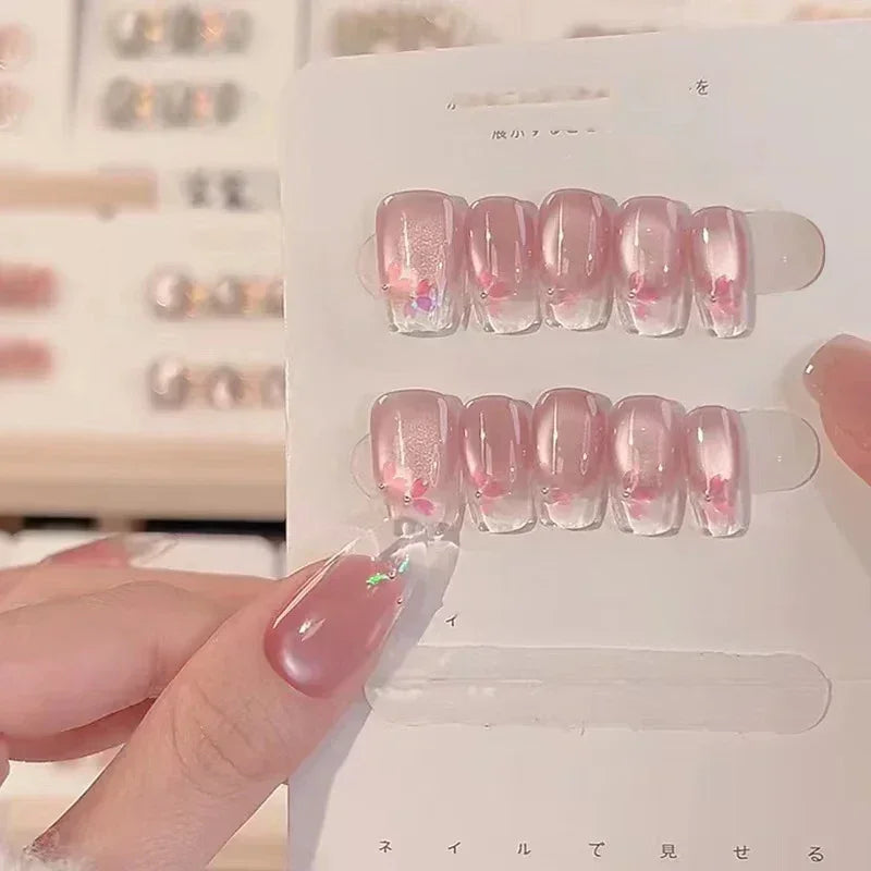 10Pcs Sweet Cute Handmade Press on Nails Flower Butterfly Fake Nails Glossy Diamond False Nails Full Cover Acrylic Nail Tips Art.