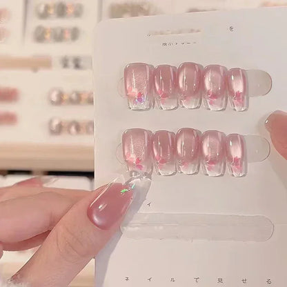 10Pcs Sweet Cute Handmade Press on Nails Flower Butterfly Fake Nails Glossy Diamond False Nails Full Cover Acrylic Nail Tips Art.