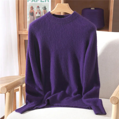 Women's Round-neck Mink Cashmere Sweater Soft Pullover Jumper Comfortable Knitted Top for Autumn Winter Pure Mink Material.