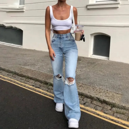 Women's Spring and Fall New Fashion Casual Ripped High-waisted Slightly Flared Pants Jeans Slim-fit Wash Jeans Long Pants Y2k.