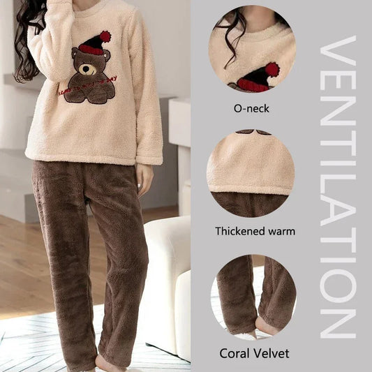 Verdickte warme große Größe gepolsterte Herbst und Winter Damen Pyjama Top und Hose Set Korallen Samt Damen Cartoon Bär 2 Teile/satz