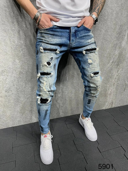 Slim-Fit-Jeans mit zerrissener Knöchelhose für Herren, bemalte Jeans