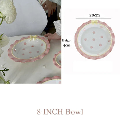 Cartoon Pink Ceramic Dinner Plate with Bow Knot, Household Dish, High Temperature Resistant, Deep Dish, Kitchen Tableware Set.