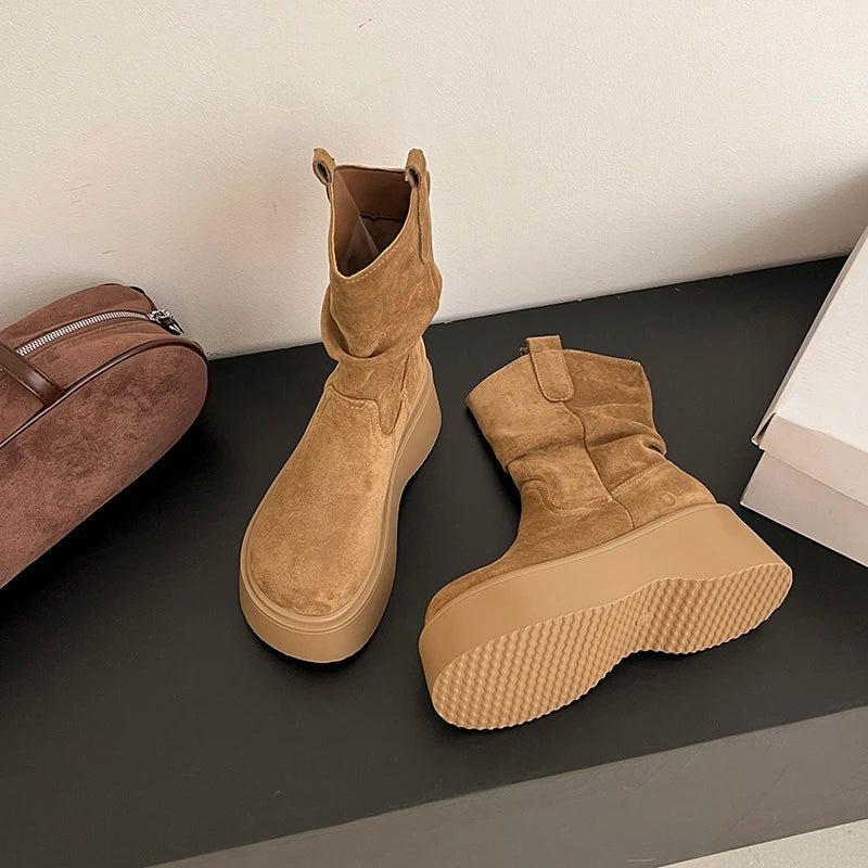 Chunky Platform Thick Sole Woman Ankle Boots Design Round Toe Slip On Shoes  2025 Autumn Winter Short Botas Para Mujer