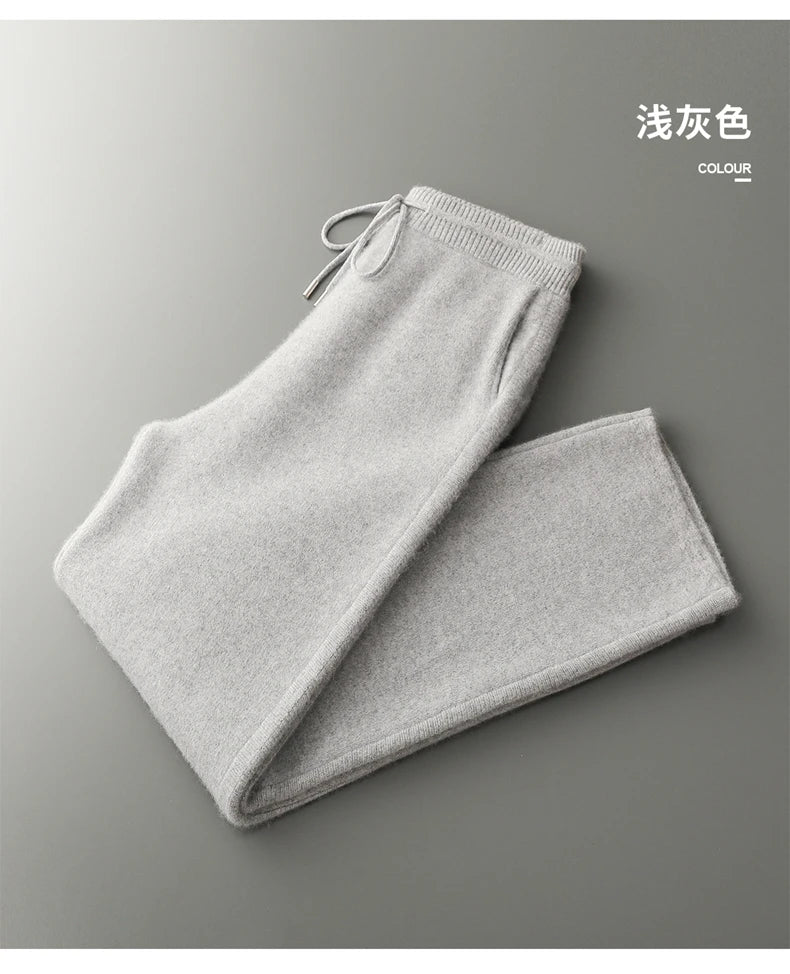 4PINK Thickened 100% Pure Cashmere Pants Men High Waist Knitted Wide Leg Pants Solid Color Lace Up Straight Pants Elastic Waist.