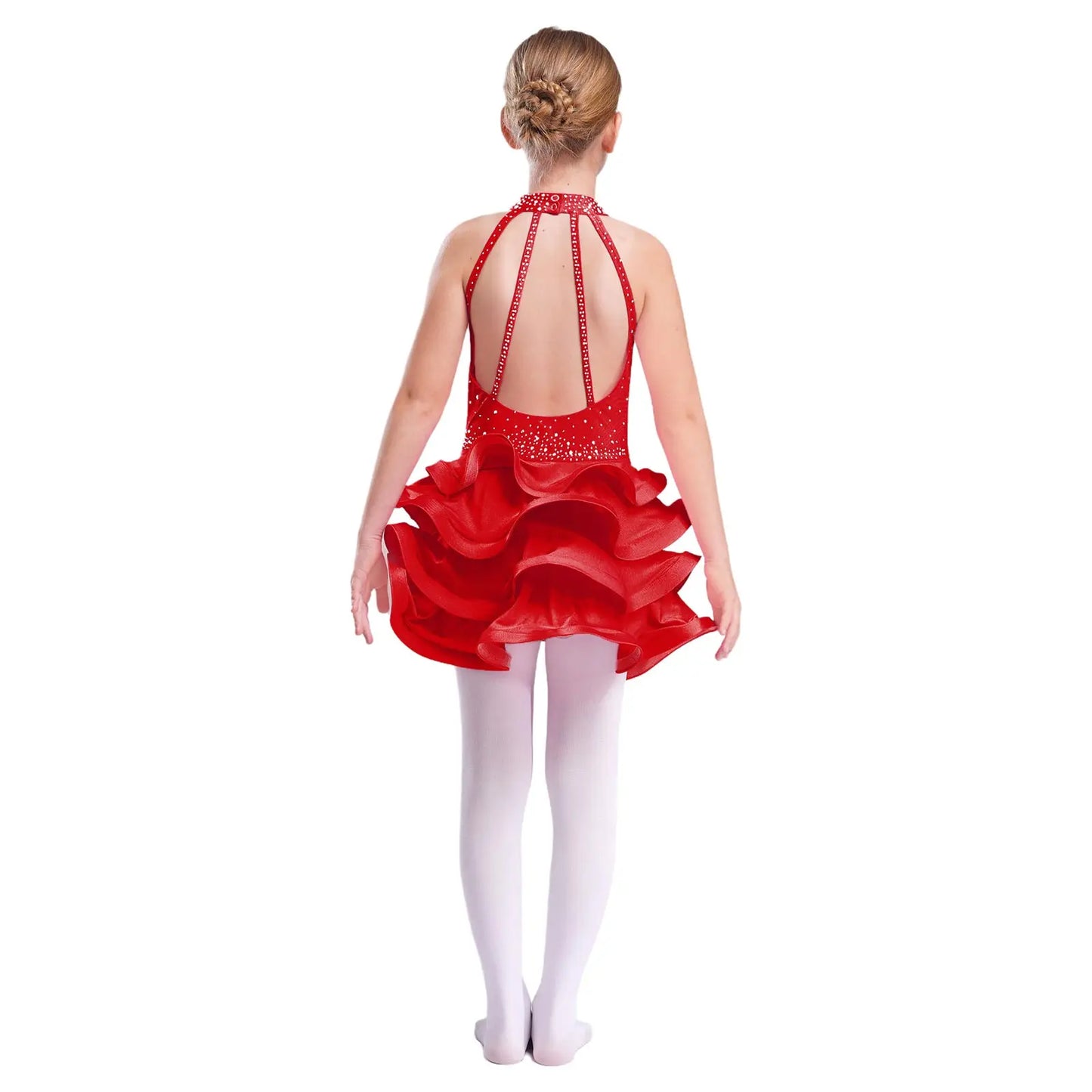 Eiskunstlauf-Kostüm für Teenager-Mädchen, lateinamerikanischer Tanz, Cha-Cha, Tango, Performance-Tanzbekleidung, ärmelloses, gestuftes Kleid mit Strasssteinen