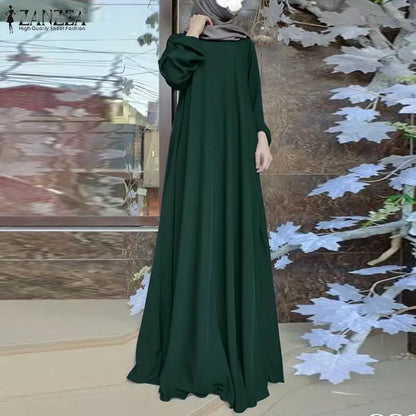 ZANZEA Muslim Women Summer Abaya Sundress Solid Islamic Clothing Marocain Vestido Robe Femme Fashion Long Sleeve Kaftan Dress.