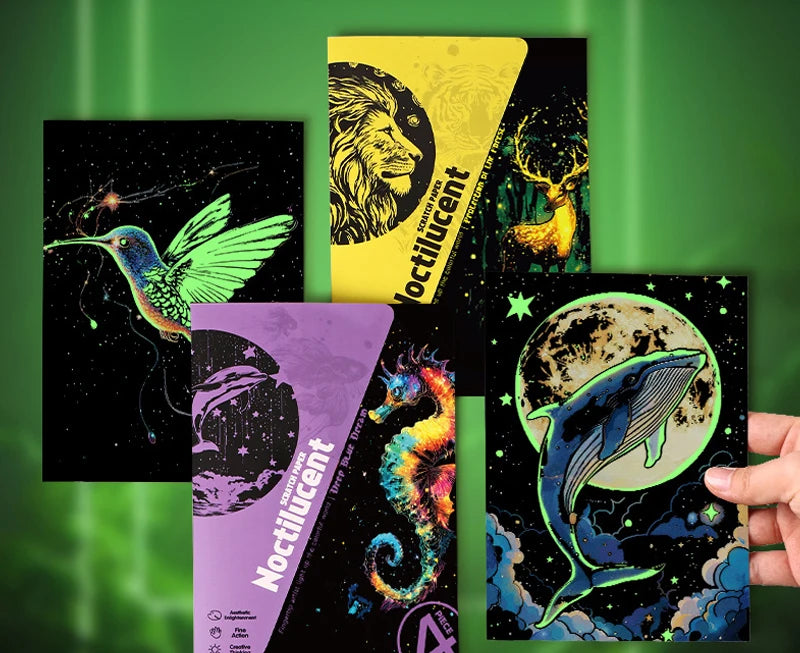 4PCS Glow in Dark Scratch Paper Animals Cards Magic Painting Art with Stylus Stress Relief Drawing Toy DIY Craft Kids Adult Gift.