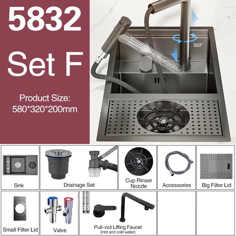 ASRAS Nano Black Small Size Kitchen Sink Cup Washer Hidden Bar Counter Cover Concealed Single Bowl Sinks With Lifting Faucet