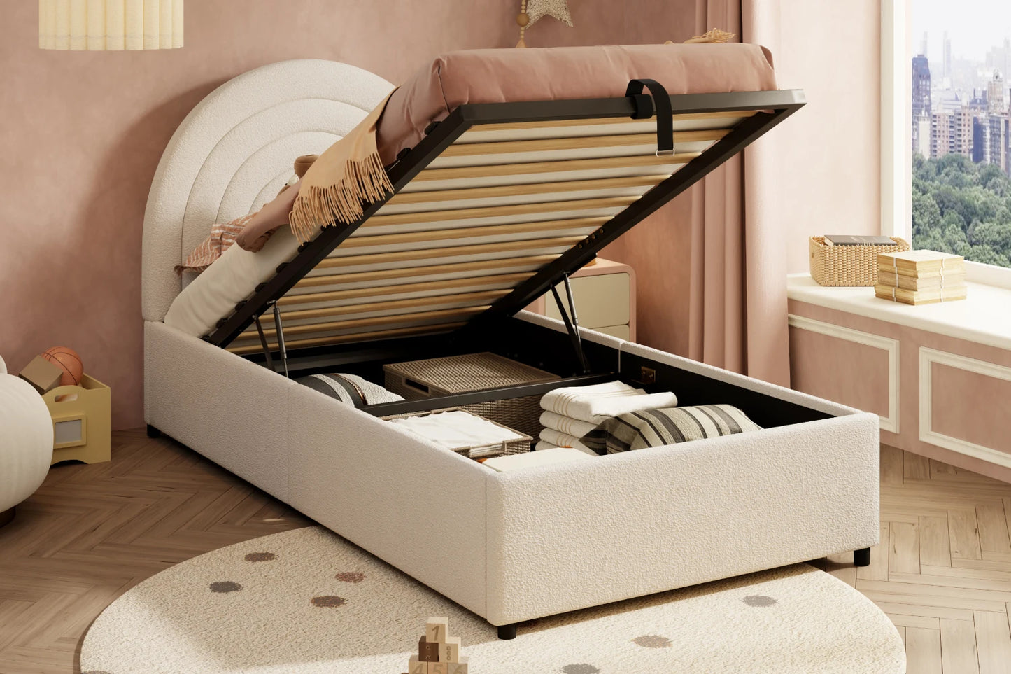 Polsterbett 90*200, Kinderbett, Einzelbett mit Lattenrost und Kopfteil, für Erwachsene und Jugendliche, Holzlatten, Baumwolle