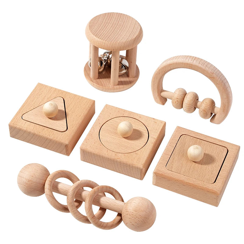 Wooden Geometric Shapes Sorting Montessori Puzzle Toys Baby Toys Wooden Rattles Ring Rattles Sensory Toys Preschool Education.