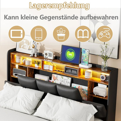 Lazyspace PU-Doppelbett, LED-Beleuchtung und hydraulischem Bettrahmen mit Stauraum, Wohnmöbel-Polsterbett, 140/160 x 200 cm