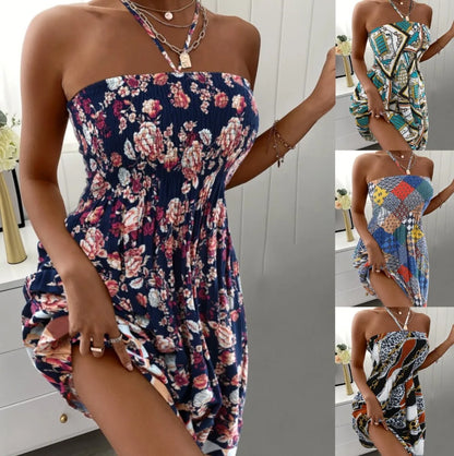 Sommer Sexy Neckholder Ärmellose Minikleider Für Frauen Boho Blume Gedruckt Strandkleid Damen Strap Neck Casual Urlaubskleid.