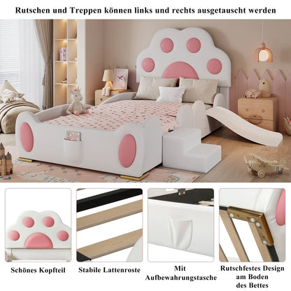 Cartoon süßes rosa Prinzessinnenbett, gepolstertes Bett, 90 x 200 cm, mit Kinderrutsche und zweistufiger Leiter, für Mädchenschlafzimmer