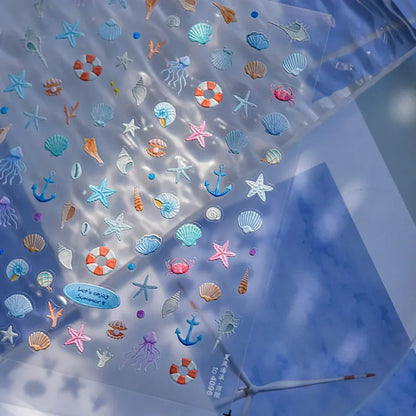 Ocean Theme 5D Nail Sticker Summer Beach Seashells Starfish Conch Scallop Shell Coral Self Adhesive Decoration Manicure Decal