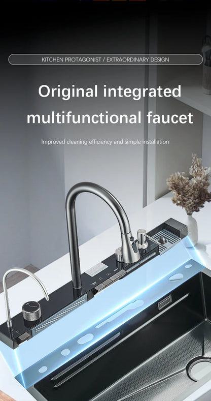 Wasserfall-Küchenspüle aus Edelstahl 304, großes Einzelschlitz-Wasserhahn-Set mit integrierter Digitalanzeige, Seifenspender, Tassenwascher