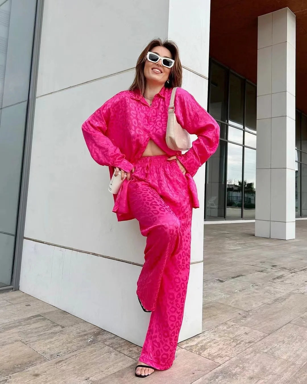 2024 Autumn White Satin Wide Leg Trousers Suit For Women Office Leopard Print Two-Piece Set Home Tracksuit Female Pajamas Sets.