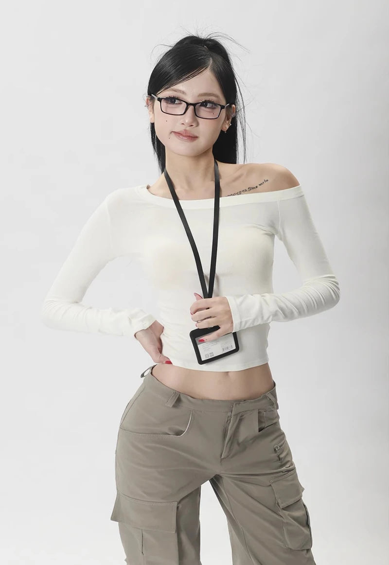 Women One Shoulder Long Sleeve Fitted Top.