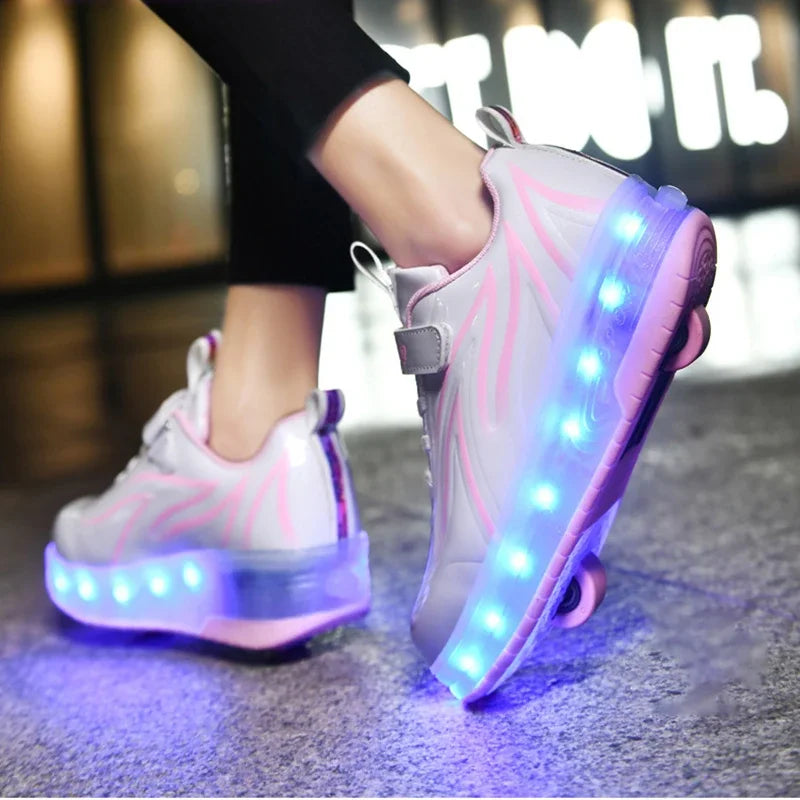 YUNICUS Led Light Boys Girls Shoe USB Charging Black Two Wheels Luminous Sneakers Roller Skate Shoes for Children Kids Led Shoes.