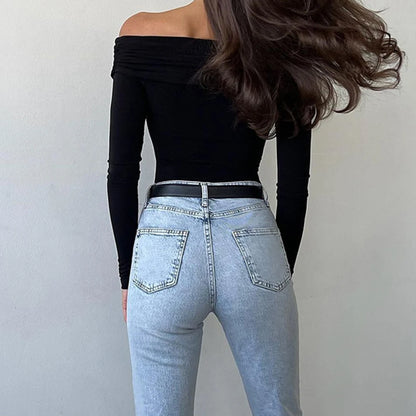 Casual Daily Wear Top Fashiontop Slim Fit Bodysuit Off-shoulder Top Brand New Condition Cross Design Four Seasons Wear.