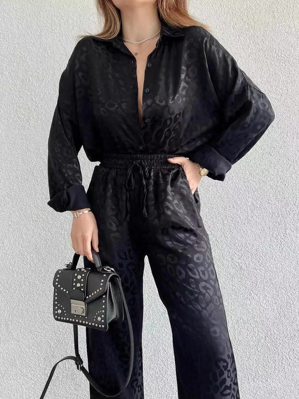 2024 Autumn White Satin Wide Leg Trousers Suit For Women Office Leopard Print Two-Piece Set Home Tracksuit Female Pajamas Sets.