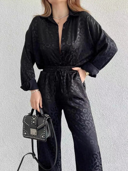 2024 Autumn White Satin Wide Leg Trousers Suit For Women Office Leopard Print Two-Piece Set Home Tracksuit Female Pajamas Sets.