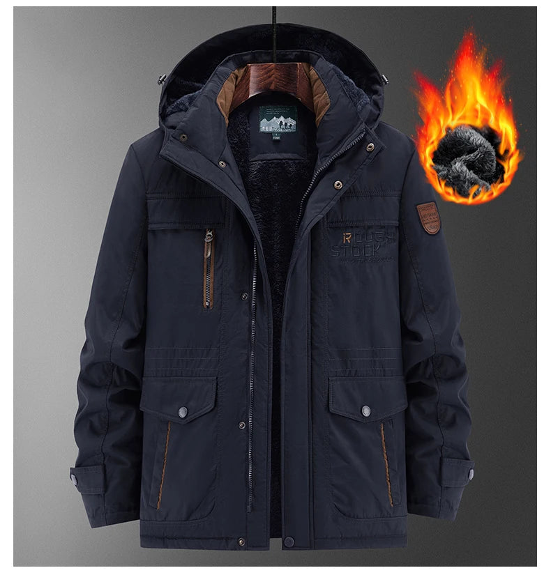 Thick Coat Winter Outdoor Running Sports Windproof Warm Fleece Hooded Cargo Jacket Men Removable Hood Thick Warm Fleece Jacket