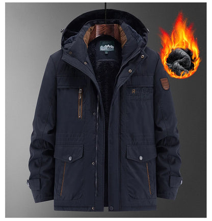Thick Coat Winter Outdoor Running Sports Windproof Warm Fleece Hooded Cargo Jacket Men Removable Hood Thick Warm Fleece Jacket