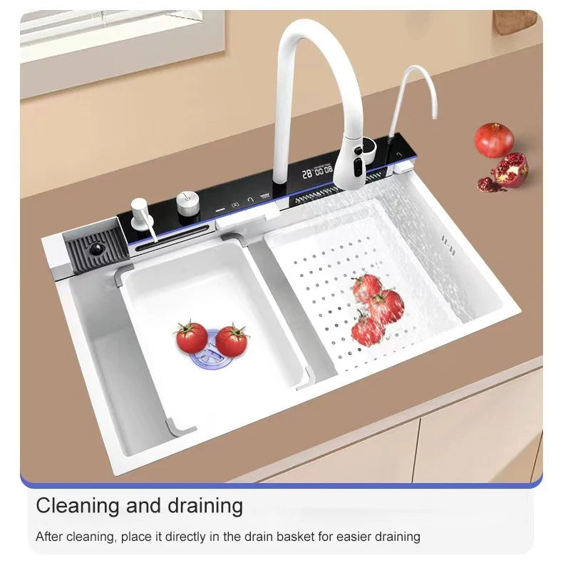 Stainless Steel Kitchen Sink with Hot Cold Pull Out Kitchen Sink Faucets Digital Large Single Bowl Waterfall Rain Kitchen Sinks