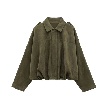 TRAFZA Women Brown Green Suede Jacket Loose Casual Bomber Coat Lapel Zipper Long Sleeve Jackets Vintage Lady Motorcycle Outwears.