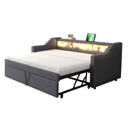 Ausziehbares Schlafsofa 90/180 x 190 cm, multifunktionales Aufbewahrungsfach, LED-Licht und USB-Buchse, mit Gitter, Dunkelgrau