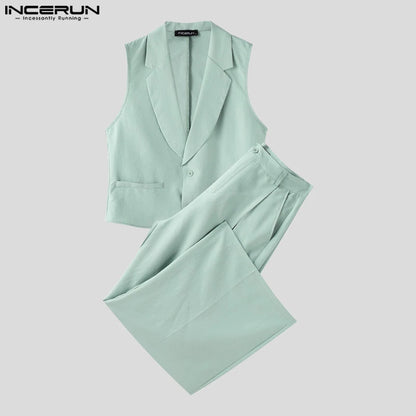 INCERUN Summer Men's Sets Solid Color Sleeveless Tops Tee Buttons Summer Long Pants Male Two-piece Suits Streetwear 2PCS S-5XL