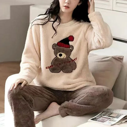 Thickened Warm Large Size Padded Fall and Winter Women's Pajamas Top and Pants Set Coral Velvet Ladies Cartoon Bear 2PCS/Set.
