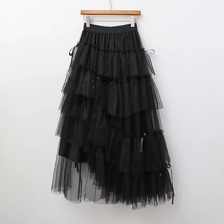 Long Maxi Tulle Skirt Women Sweet Tiered Long Skirt Autumn Winter Women Fashion Korean Mesh Skirt Female Party Skirt Clothes.