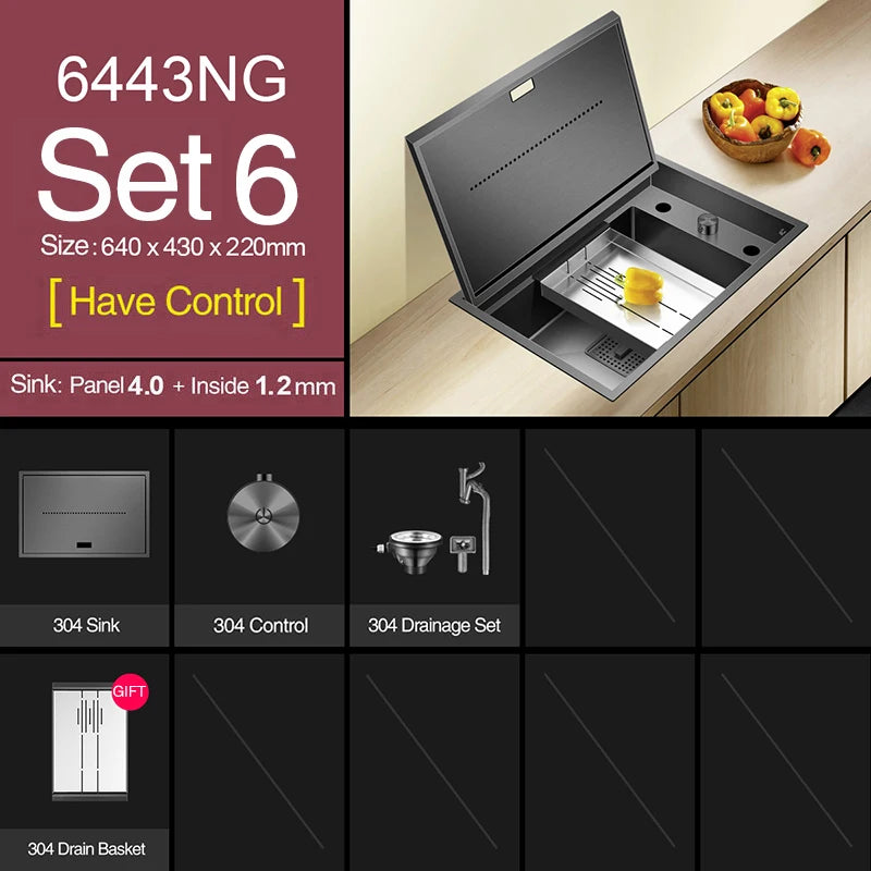 Nanometer Black Hidden kitchen Sink SUS 304 Stainless Steel 4mm Thickness Flip Cover Hidden Handmade kitchen Sinks