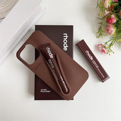 Phone Case for IPhone 15 16 14 13 12 11 Pro Max Plus 17 Air Lip Gloss Holder Silicone Shockproof Cover with Box and Lipstick.