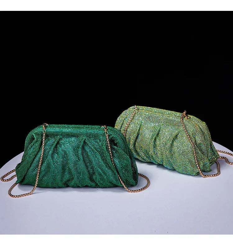 Premium Handmade Diamond-encrusted Clutch Bag Pleated Chain Rhinestone Cloud Clip Dinner Bag Single Shoulder Oblique Span Bolsos