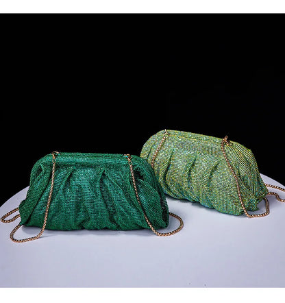 Premium Handmade Diamond-encrusted Clutch Bag Pleated Chain Rhinestone Cloud Clip Dinner Bag Single Shoulder Oblique Span Bolsos