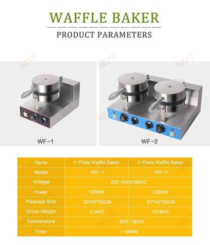 GZZT Commercial Double Head Waffle Maker 4-Piece Non-stick 2000W Adjustable Temperature 50-300℃ High-Efficiency Snack Machine.