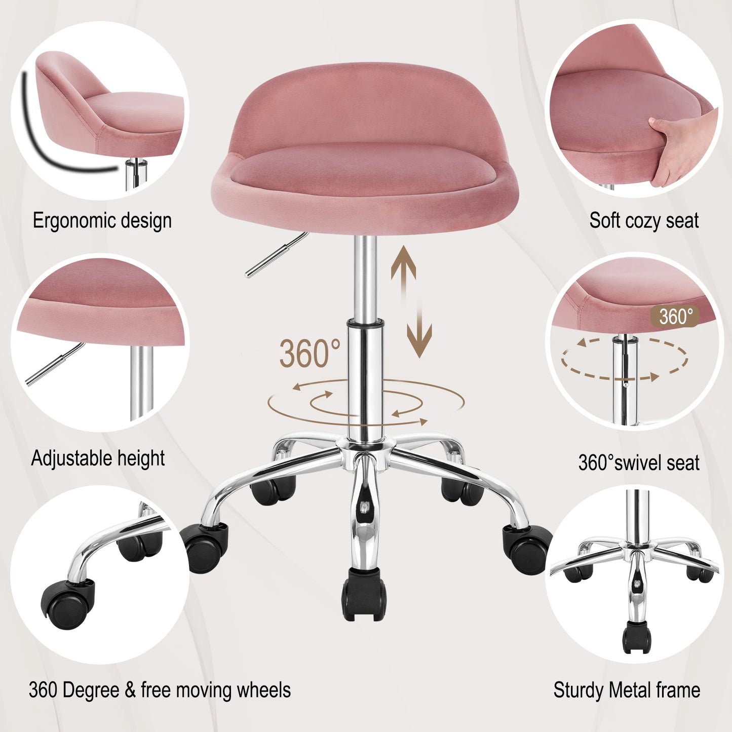 WOLTU Drehbarer Bürostuhl mit Rollen, höhenverstellbarer Computerstuhl mit niedriger Rückenlehne, Arbeitsrolle, Rocker-Schminkhocker